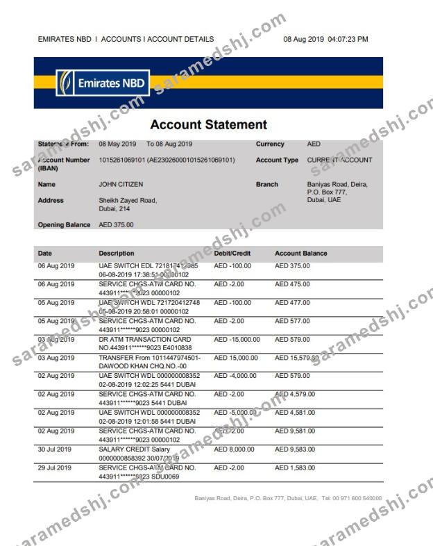 UAE Dubai Emirates NBD bank proof of address statement template in Word and PDF format